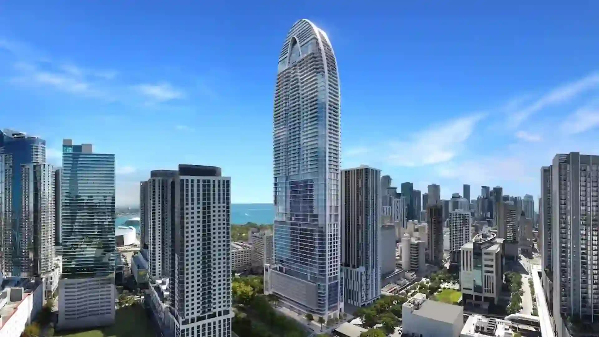 Exterior view of OKAN Tower, a luxury development in Miami, FL