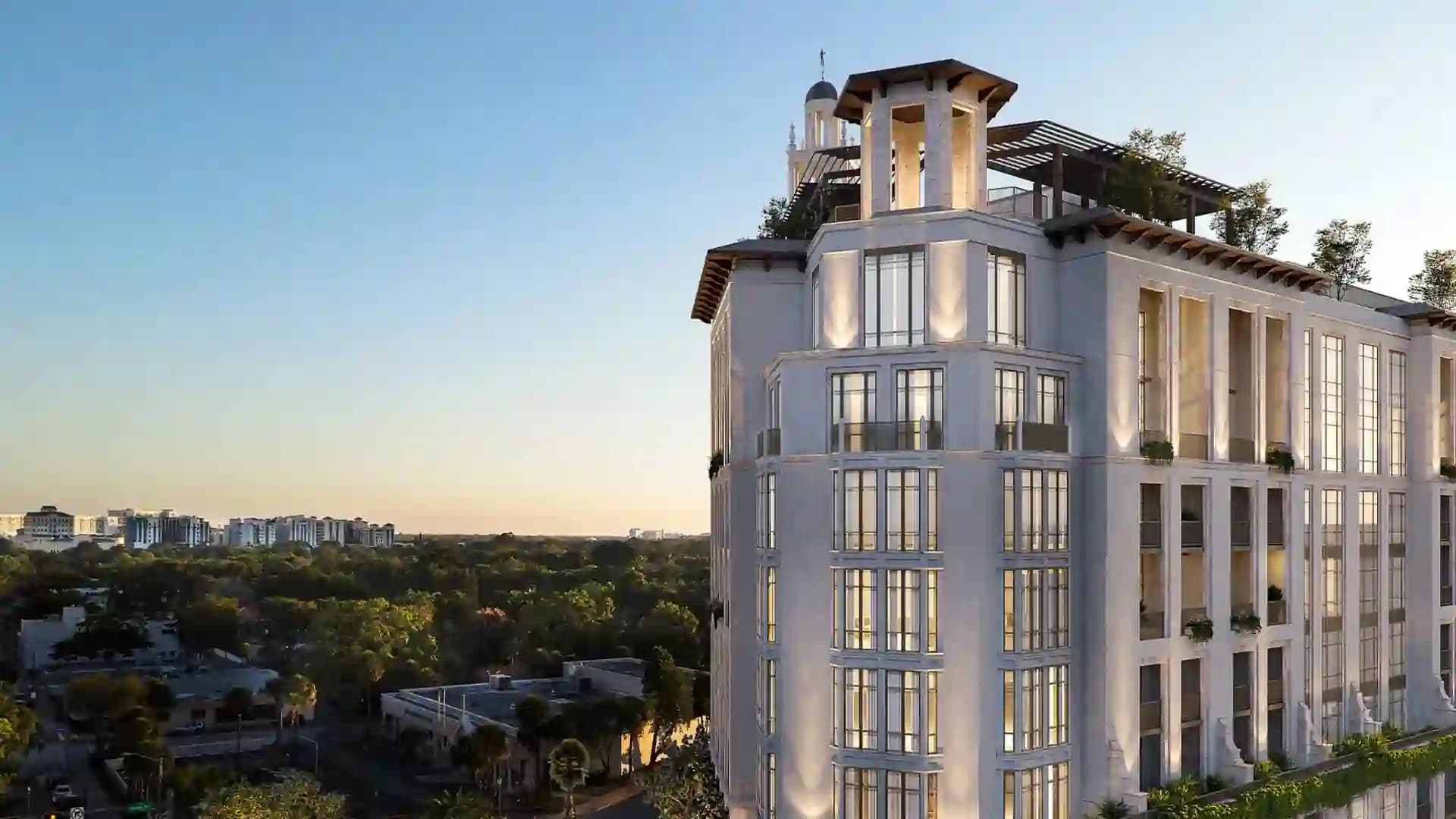 Exterior view of Ponce Park Residences, a luxury development in Coral Gables