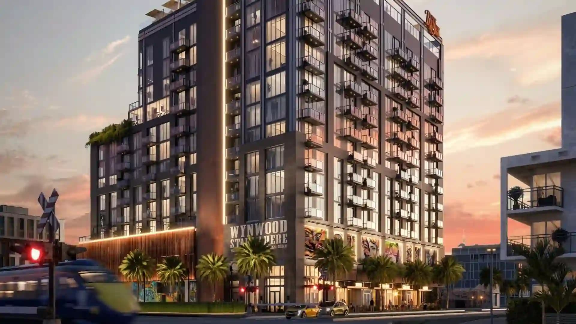 Exterior of The Rider Wynwood, a luxury development in Miami, FL.